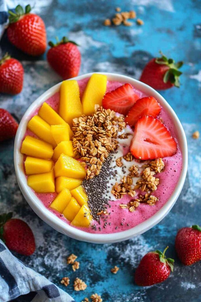 The Best Strawberry Mango Smoothie Recipe: A Refreshing & Healthy Blend 3 A strawberry mango smoothie bowl with granola and fresh fruit.