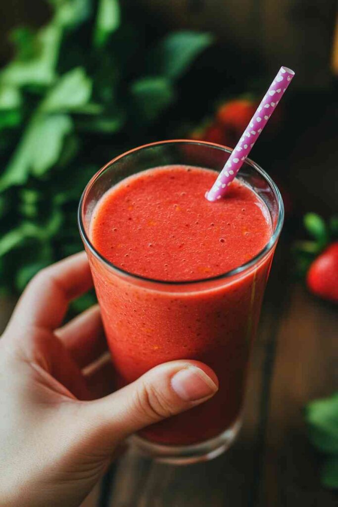 The Best Strawberry Mango Smoothie Recipe: A Refreshing & Healthy Blend 4 A hand holding a glass of strawberry mango smoothie with a straw.
