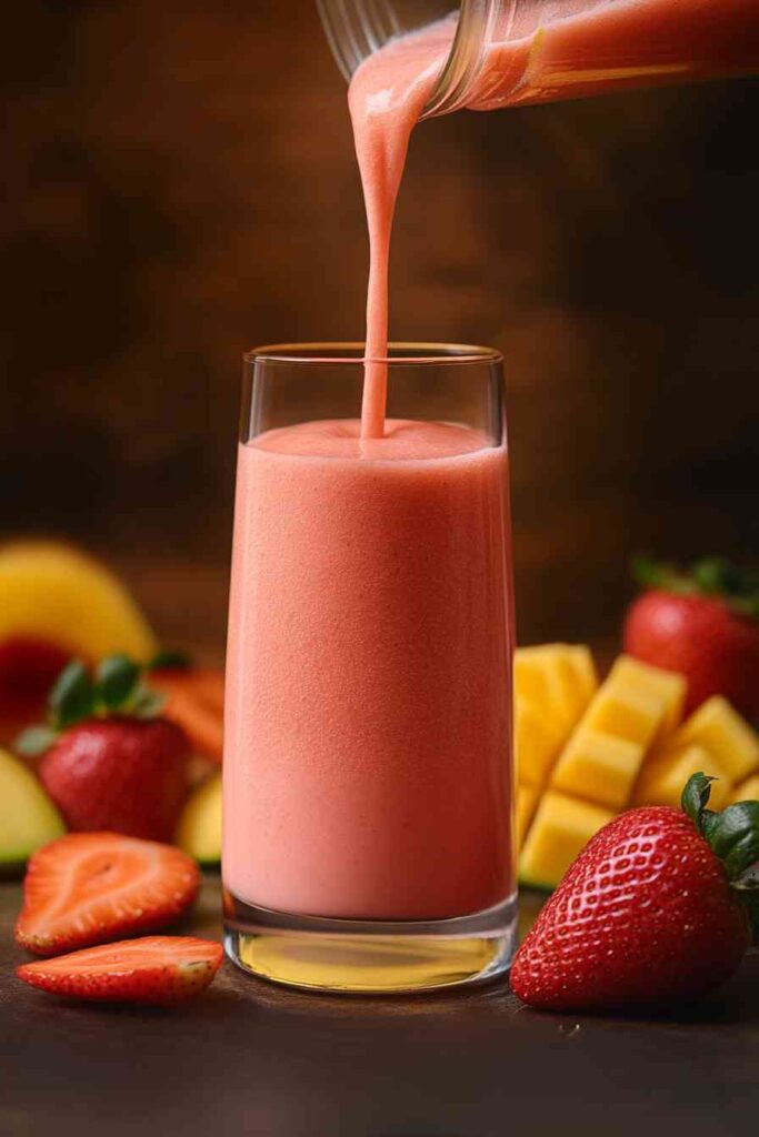 The Best Strawberry Mango Smoothie Recipe: A Refreshing & Healthy Blend 2 Thick strawberry mango smoothie being poured into a glass.