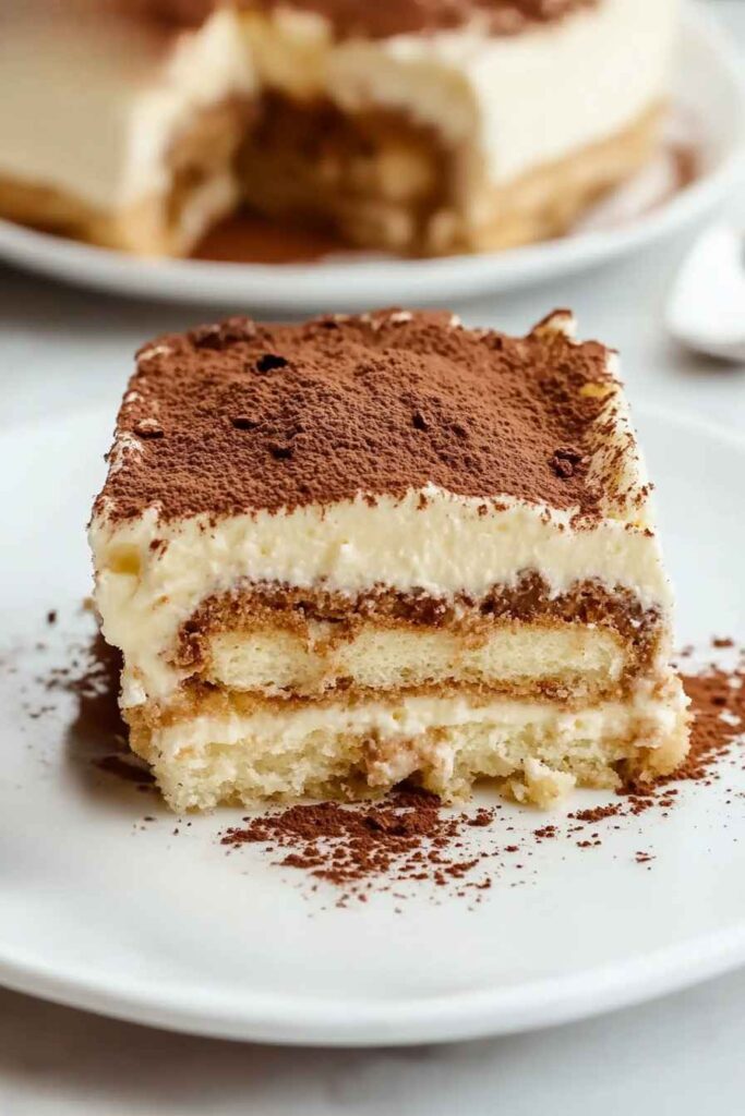 Gluten Free Tiramisu – Easy, Creamy, and No Compromise on Taste 4 Close-up of a slice of gluten-free tiramisu with visible layers of mascarpone and espresso-soaked ladyfingers, dusted with cocoa powder.