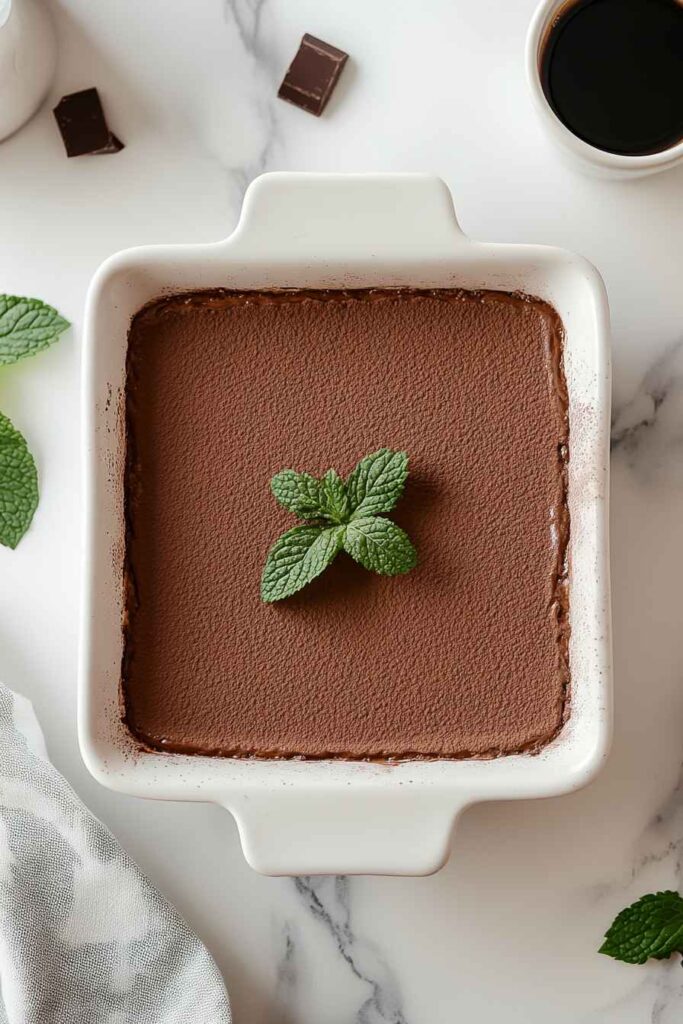 Gluten Free Tiramisu – Easy, Creamy, and No Compromise on Taste 3 Overhead view of gluten-free tiramisu in a white ceramic dish, topped with cocoa powder and fresh mint.