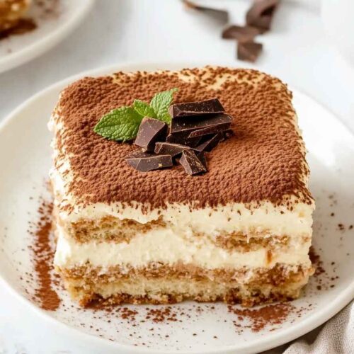 Gluten Free Tiramisu – Easy, Creamy, and No Compromise on Taste 5 Gluten-free tiramisu slice topped with cocoa powder, dark chocolate shavings, and mint on a white dessert plate.