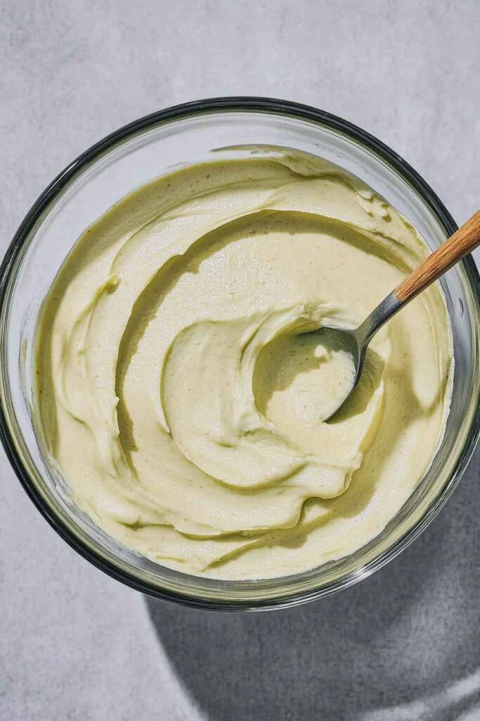 Pistachio Tiramisu – Creamy, Nutty, and No-Bake Delight 3 Homemade pistachio cream being stirred with a wooden spoon in a glass bowl.