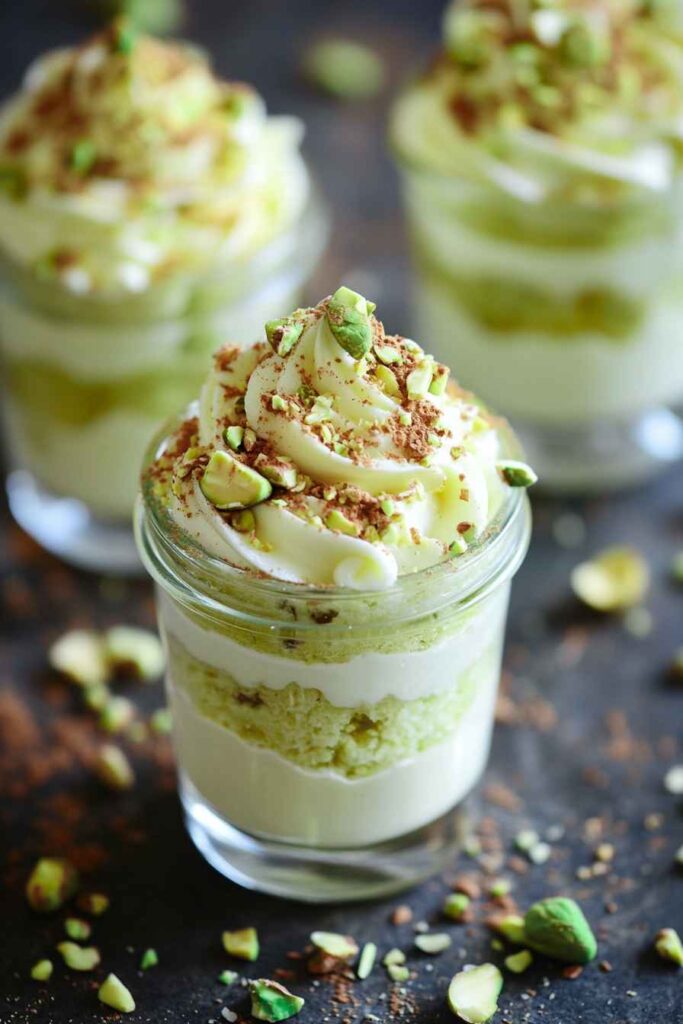 Pistachio Tiramisu – Creamy, Nutty, and No-Bake Delight 5 Pistachio tiramisu served in glass jars