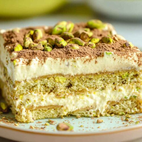 Pistachio Tiramisu – Creamy, Nutty, and No-Bake Delight 6 Close-up of pistachio tiramisu slice