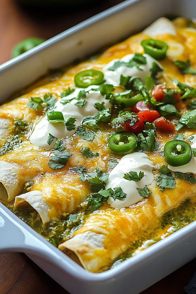 Chicken Enchiladas Salsa Verde – The Perfect Mexican Comfort Food 3 Baked Chicken Enchiladas Salsa Verde topped with sour cream, jalapeños, tomatoes, and fresh cilantro.