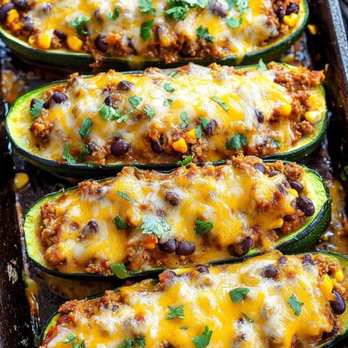 Mexican Stuffed Zucchini – The Ultimate Guide to a Flavorful Dish 5 Baked Mexican Stuffed Zucchini filled with seasoned ground meat, black beans, corn, and topped with melted cheese and fresh cilantro.