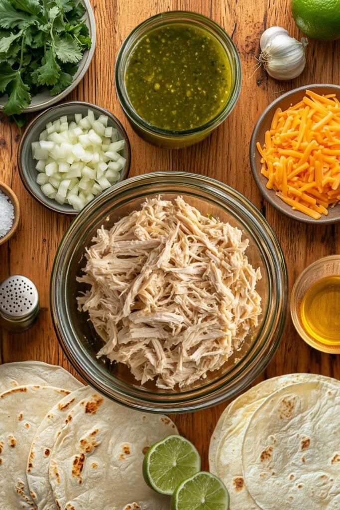 Chicken Enchiladas Salsa Verde – The Perfect Mexican Comfort Food 2 Fresh ingredients for Chicken Enchiladas Salsa Verde—shredded chicken, salsa verde, tortillas, cheese, and cilantro.