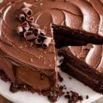 A rich and moist chocolate cake recipe with silky ganache frosting and chocolate curls on top