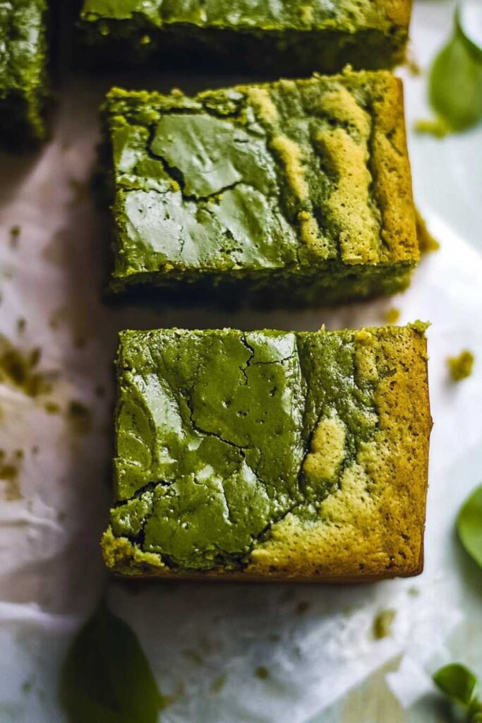 Matcha Brownies – The Perfect Fusion of Green Tea and Chocolate 3 Freshly baked matcha brownies with a vibrant green color and a crackled top, cut into squares.