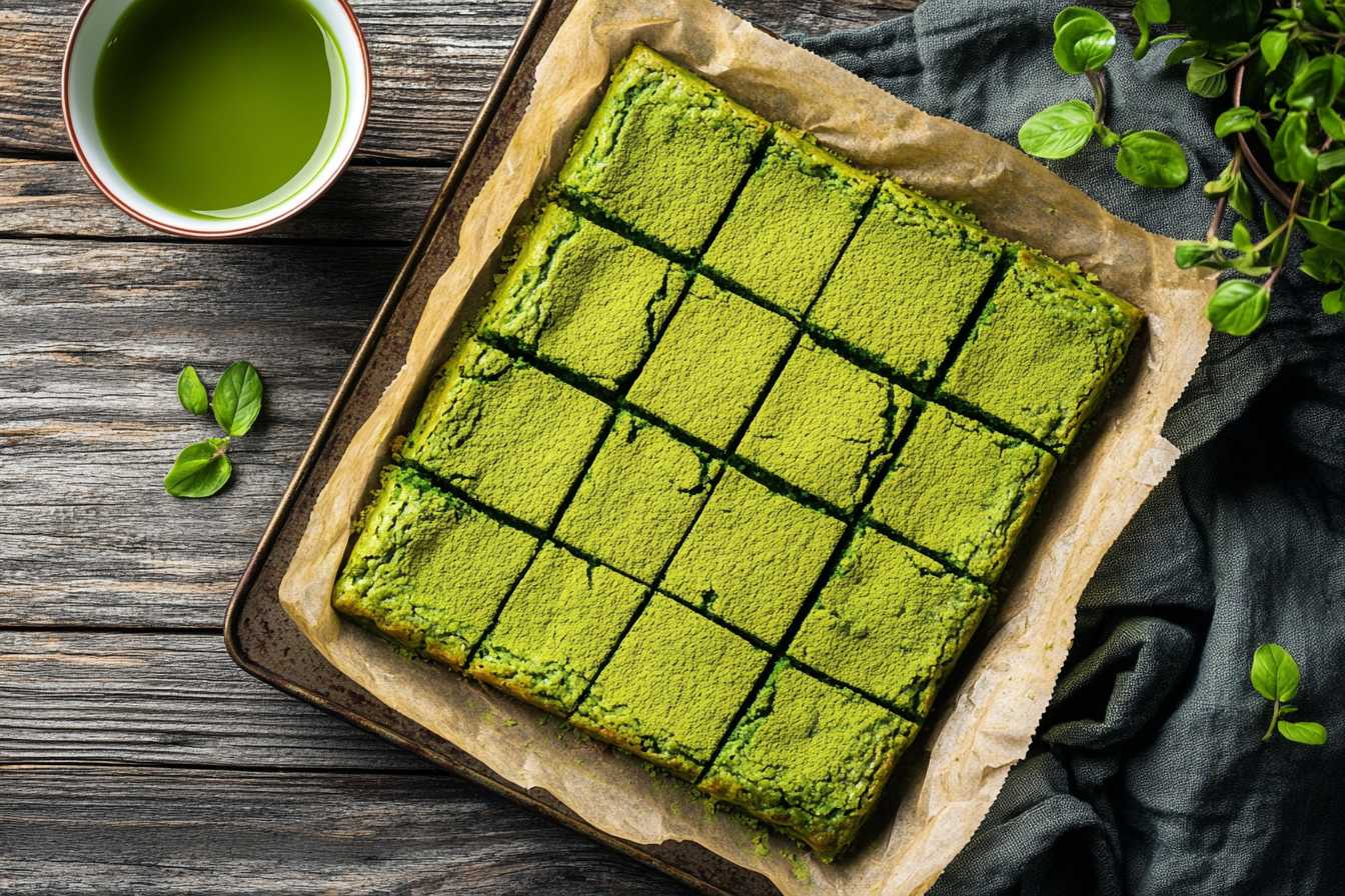 Freshly baked matcha brownies cut into squares with a dusting of matcha powder