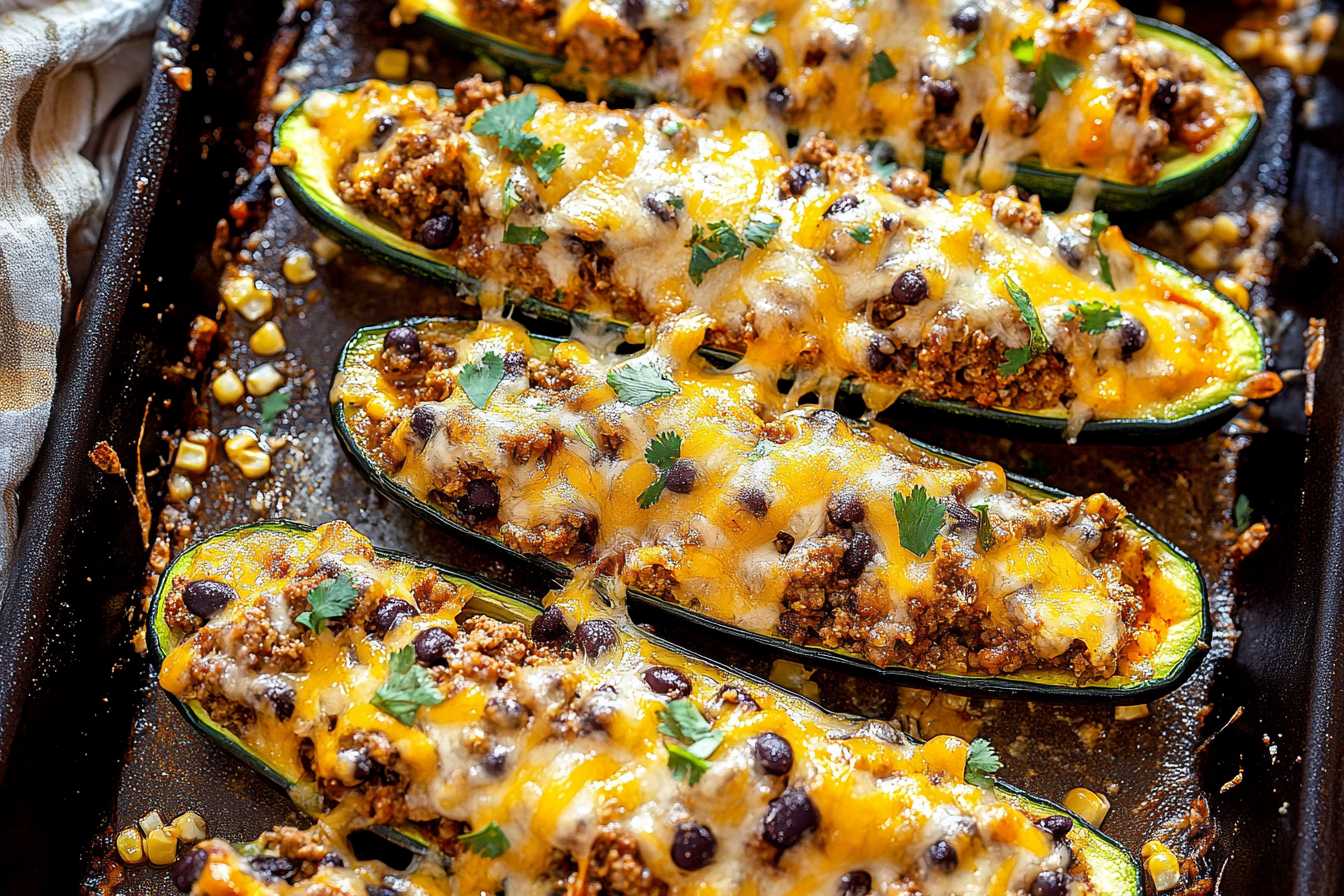 Freshly baked Mexican Stuffed Zucchini topped with cheese and cilantro.