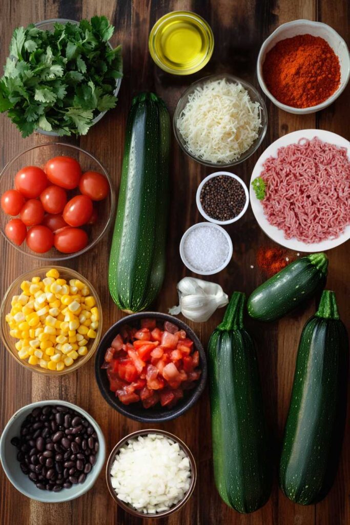 Mexican Stuffed Zucchini – The Ultimate Guide to a Flavorful Dish 2 Ingredients for Mexican Stuffed Zucchini – zucchini, ground meat, beans, corn, tomatoes, and spices.