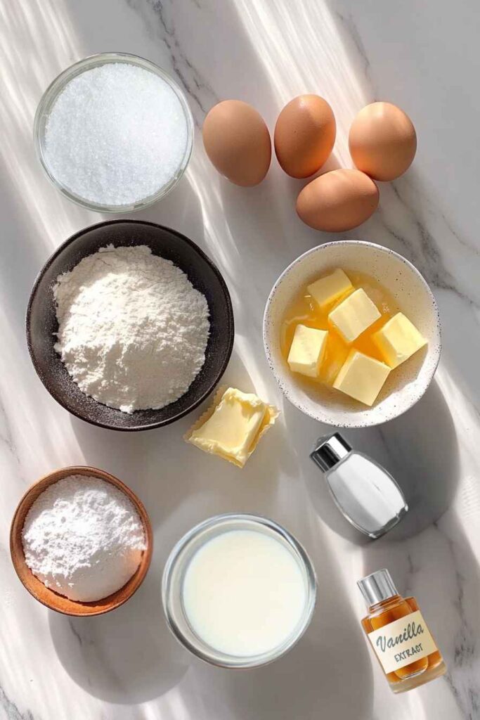 Mini Cupcakes – Bite-Sized Bakes for Every Occasion 2 Ingredients for mini cupcakes including eggs, flour, butter, sugar, milk, and vanilla extract on a marble surface