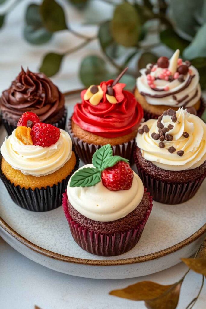 Mini Cupcakes – Bite-Sized Bakes for Every Occasion 4 Assorted mini cupcakes with colorful frosting and toppings on a ceramic plate