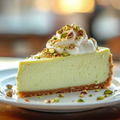 Pistachio Cheesecake – A Creamy, Nutty Twist on a Classic Dessert 5 Slice of pistachio cheesecake with whipped cream and pistachios