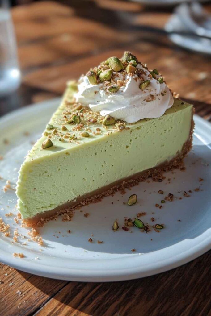 Pistachio Cheesecake – A Creamy, Nutty Twist on a Classic Dessert 4 Slice of pistachio cheesecake topped with whipped cream and chopped pistachios on a white plate