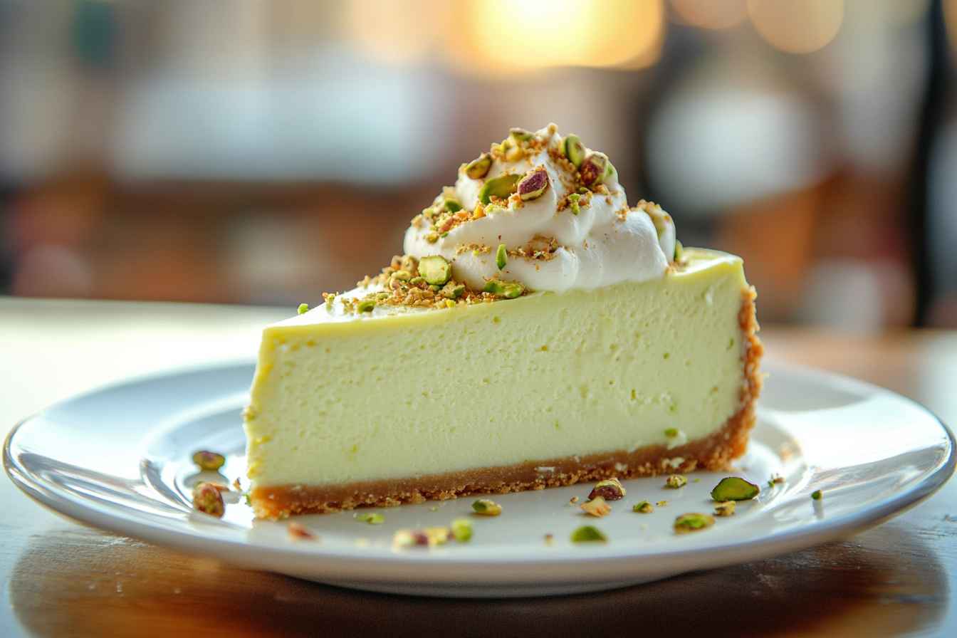 Slice of pistachio cheesecake with whipped cream and pistachios