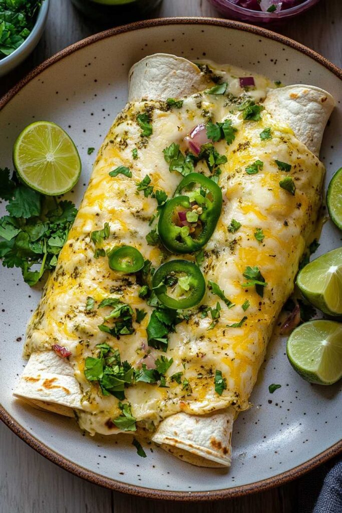 Chicken Enchiladas Salsa Verde – The Perfect Mexican Comfort Food 4 Plate of Chicken Enchiladas Salsa Verde topped with melted cheese, jalapeños, fresh cilantro, and lime wedges.