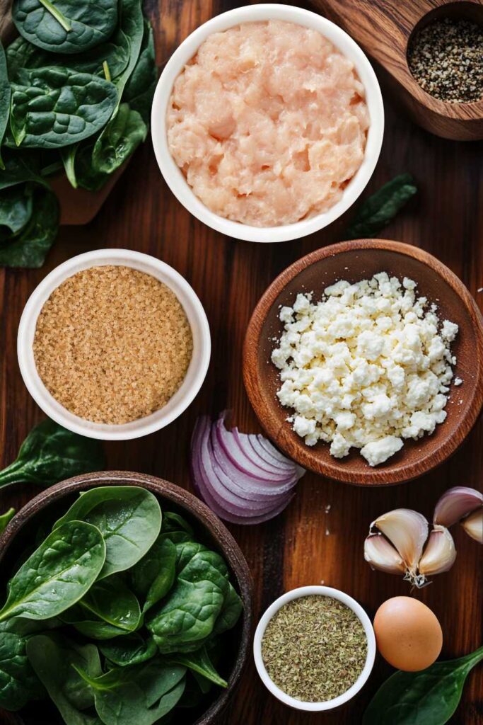 Spinach and Feta Chicken Burgers – The Perfect Healthy Twist 2 Ingredients for Spinach and Feta Chicken Burgers – Fresh spinach, ground chicken, feta cheese, breadcrumbs, garlic, red onion, egg, and spices.