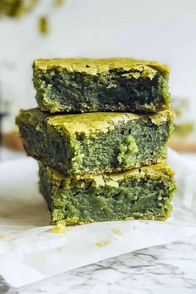 Matcha Brownies – The Perfect Fusion of Green Tea and Chocolate 4 Stacked matcha brownies with a vibrant green color and a fudgy, moist texture.
