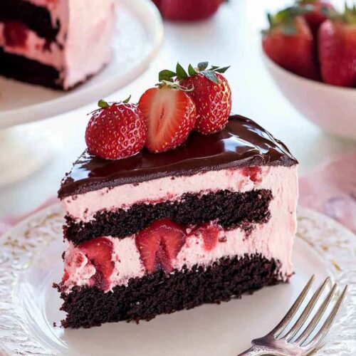 Strawberry Chocolate Cake – The Ultimate Rich and Fruity Dessert 2 Slice of strawberry chocolate cake on plate