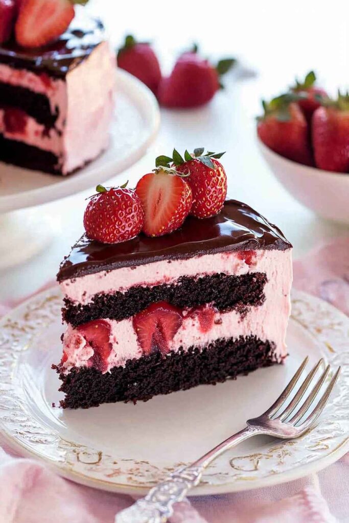 Strawberry Chocolate Cake – The Ultimate Rich and Fruity Dessert 5 Slice of strawberry chocolate cake on plate