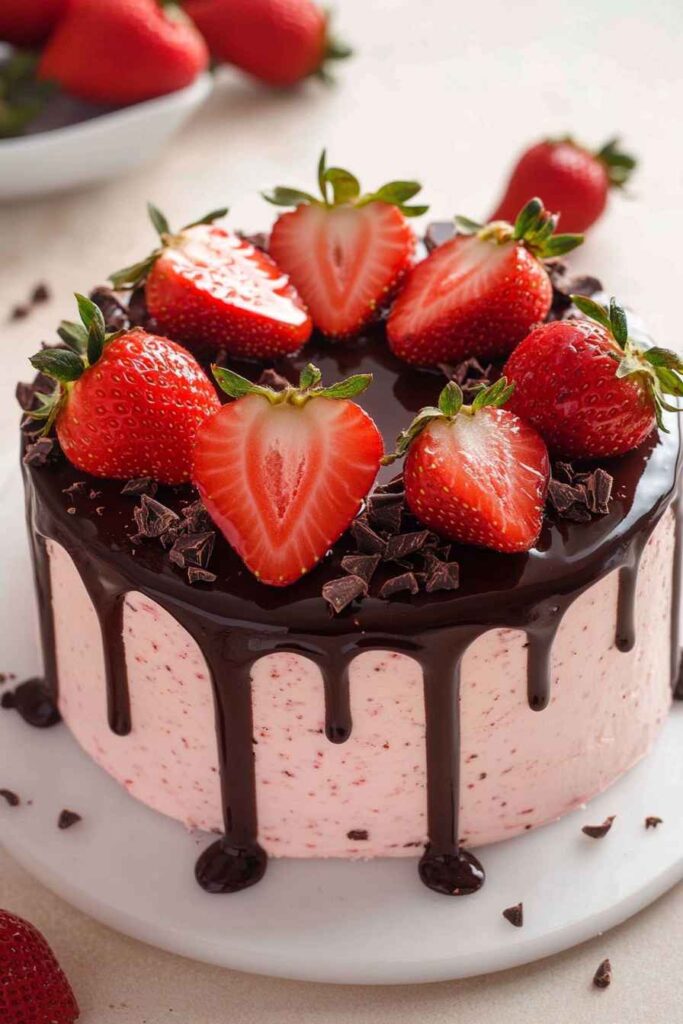 Strawberry Chocolate Cake – The Ultimate Rich and Fruity Dessert 4 Decadent strawberry chocolate cake topped with fresh strawberries and chocolate ganache drizzle.