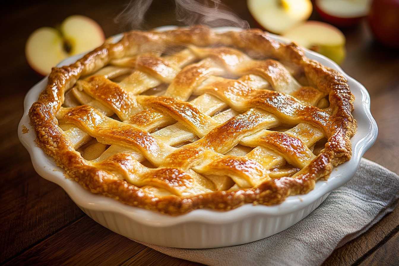 Freshly baked sugar free apple pie with a golden lattice crust in a white ceramic dish