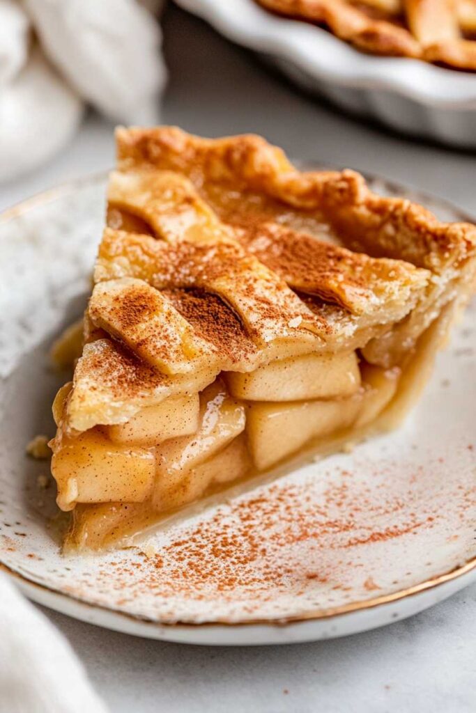 Sugar Free Apple Pie – Naturally Sweet Apple Pie Recipe 4 Slice of sugar free apple pie topped with cinnamon on a ceramic dessert plate