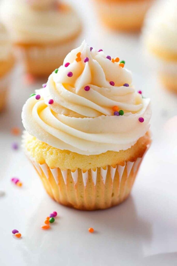 Mini Cupcakes – Bite-Sized Bakes for Every Occasion 3 Vanilla mini cupcake with buttercream frosting and colorful sprinkles on a white surface