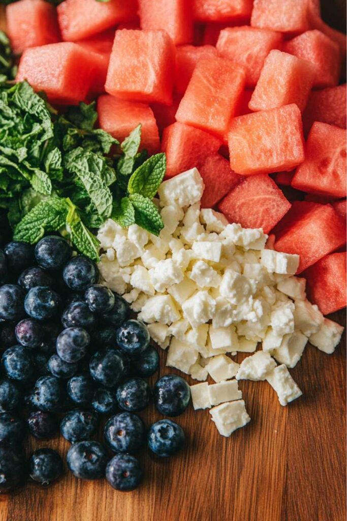 Watermelon Blueberry and Feta Cheese Salad – A Refreshing Summer Delight 2 Fresh ingredients for Watermelon Blueberry and Feta Cheese Salad.