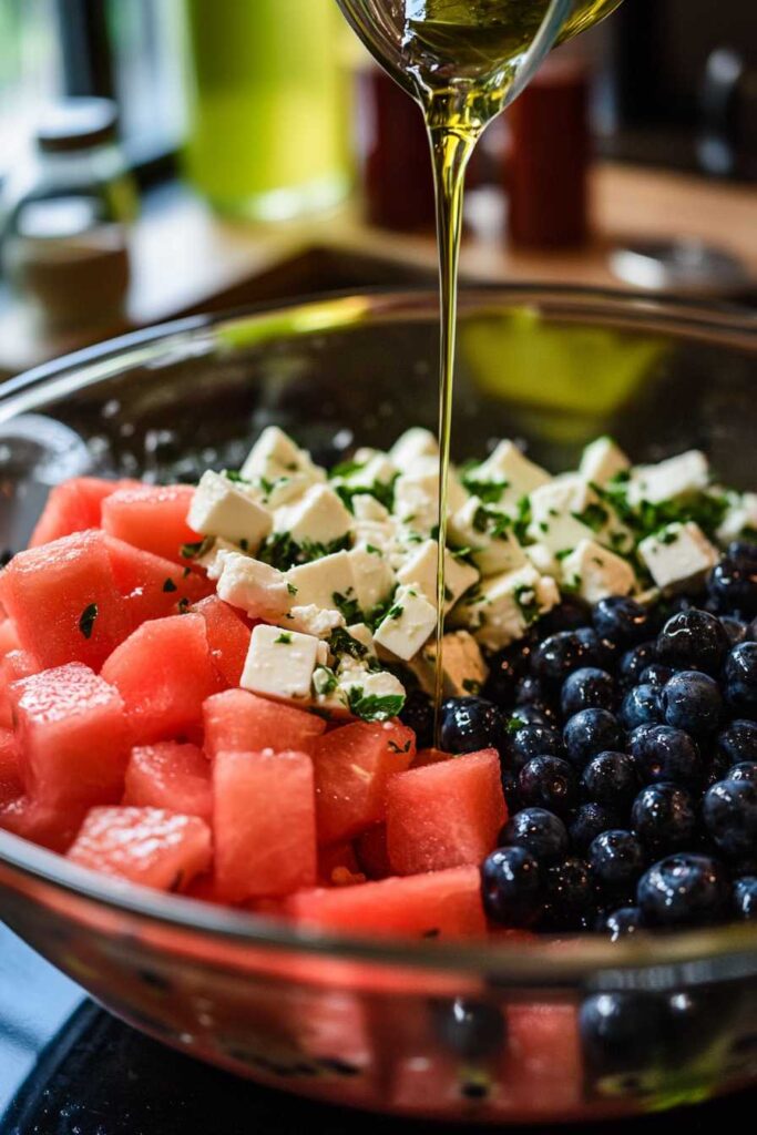Watermelon Blueberry and Feta Cheese Salad – A Refreshing Summer Delight 3 Preparing Watermelon Blueberry and Feta Cheese Salad with olive oil and lime juice.