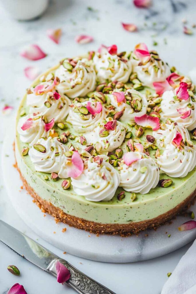 Pistachio Cheesecake – A Creamy, Nutty Twist on a Classic Dessert 3 Whole pistachio cheesecake with whipped cream, chopped pistachios, white chocolate drizzle, and rose petals on a marble surface